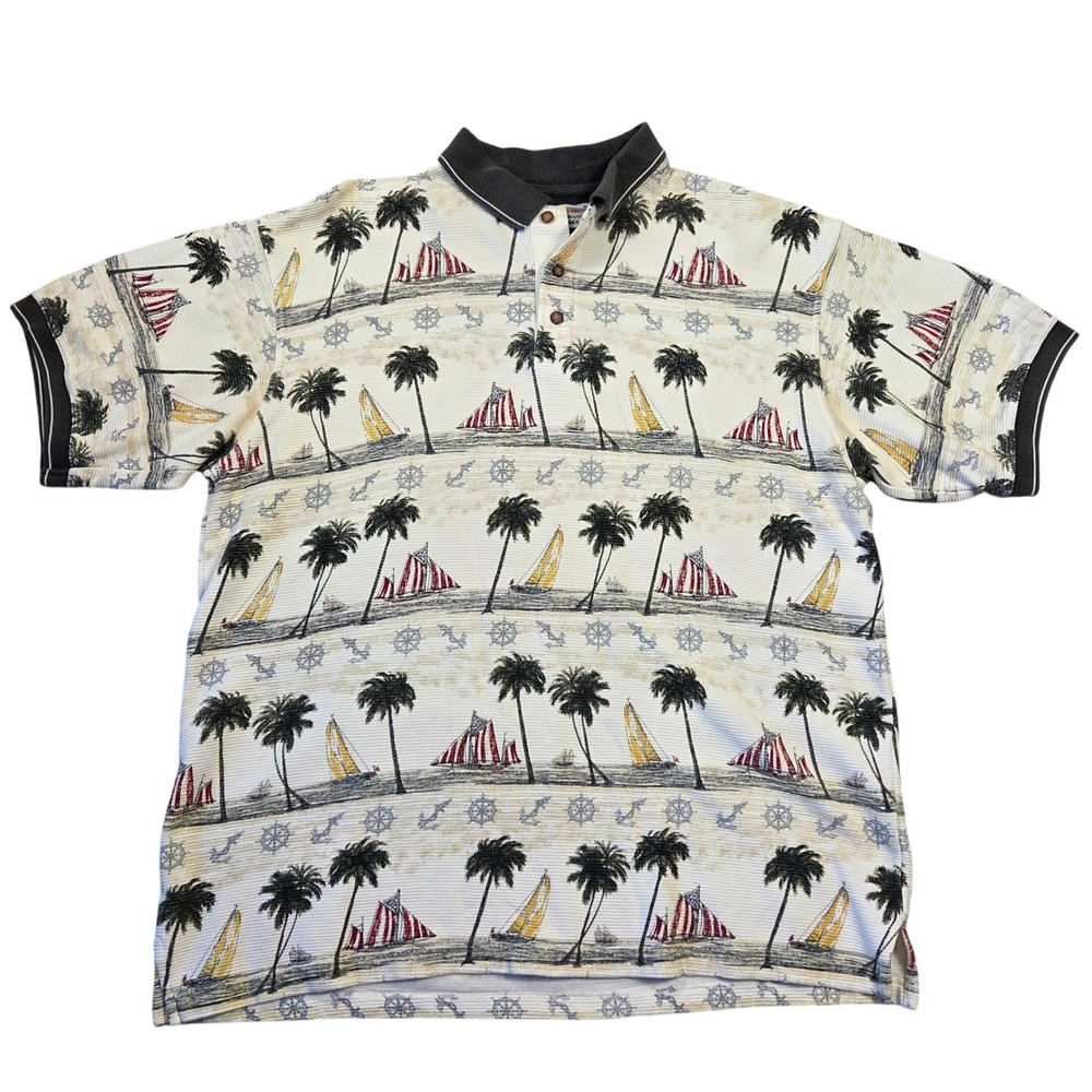 Boca Classics Mens Medium Nautical Palm Tree Sailboat‎ Cotton Polo Shirt Cream